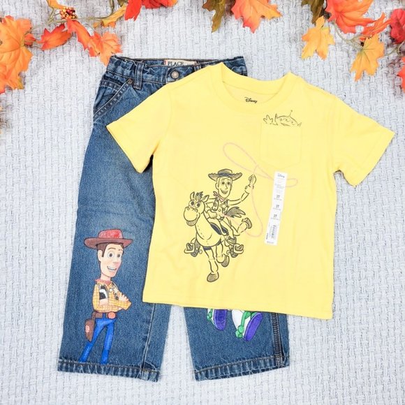 Disney toddler boy yellow Toy Story Woody shirt & Children's Place jeans
